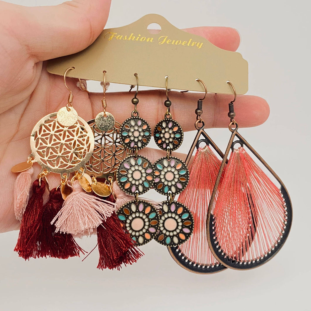 3 Styles Bohemian Earring Set in pink