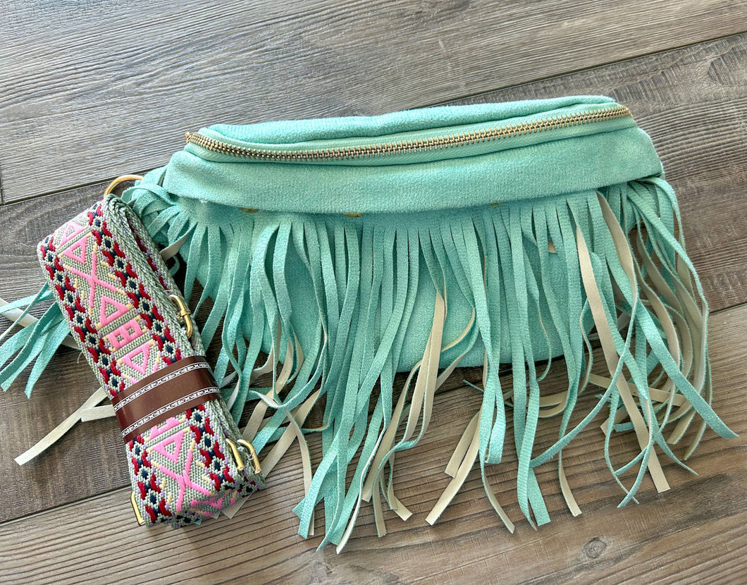 Suede Fringe Purse with Removable Strap: Teal