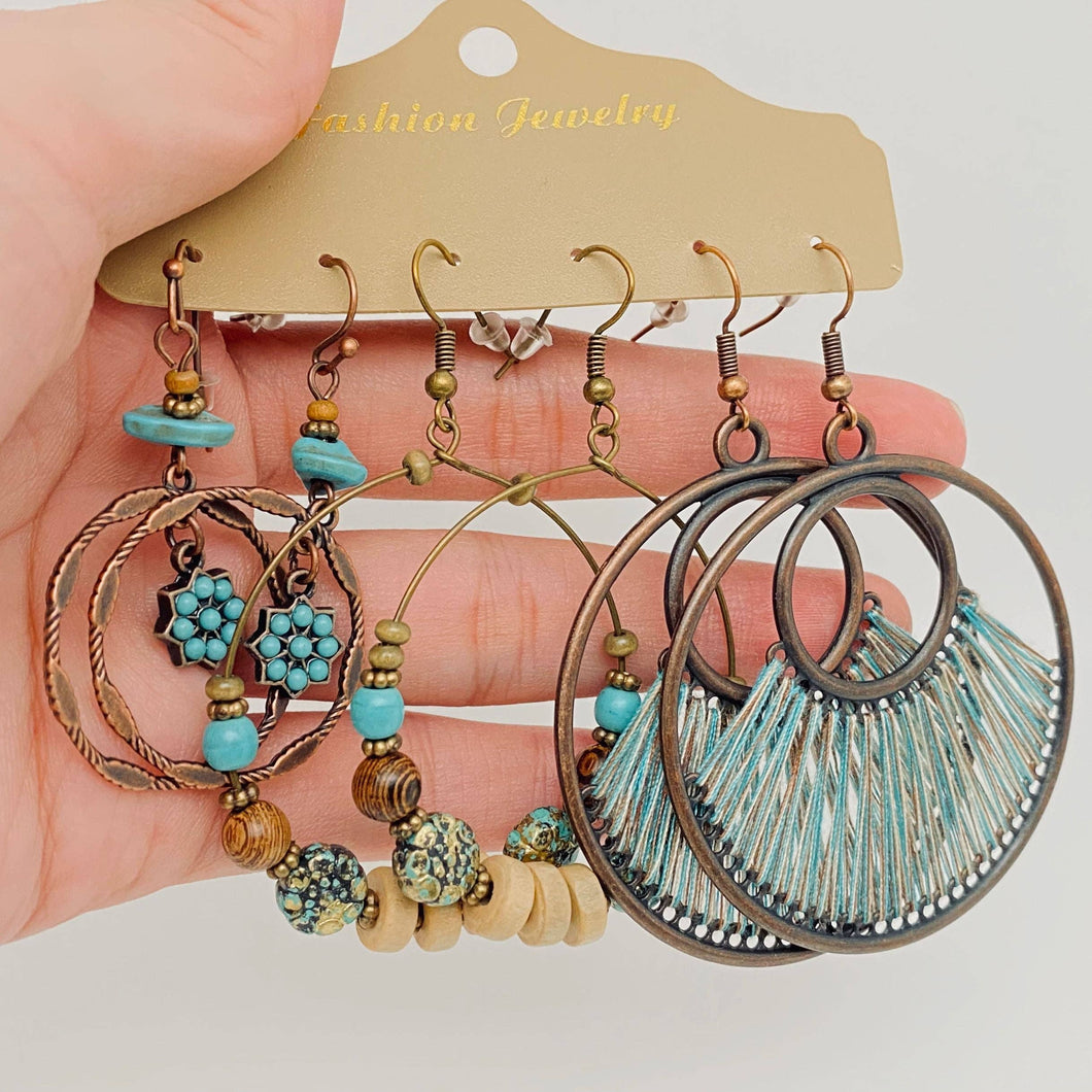 3 Pairs Bohemian Earring Set in turquoise