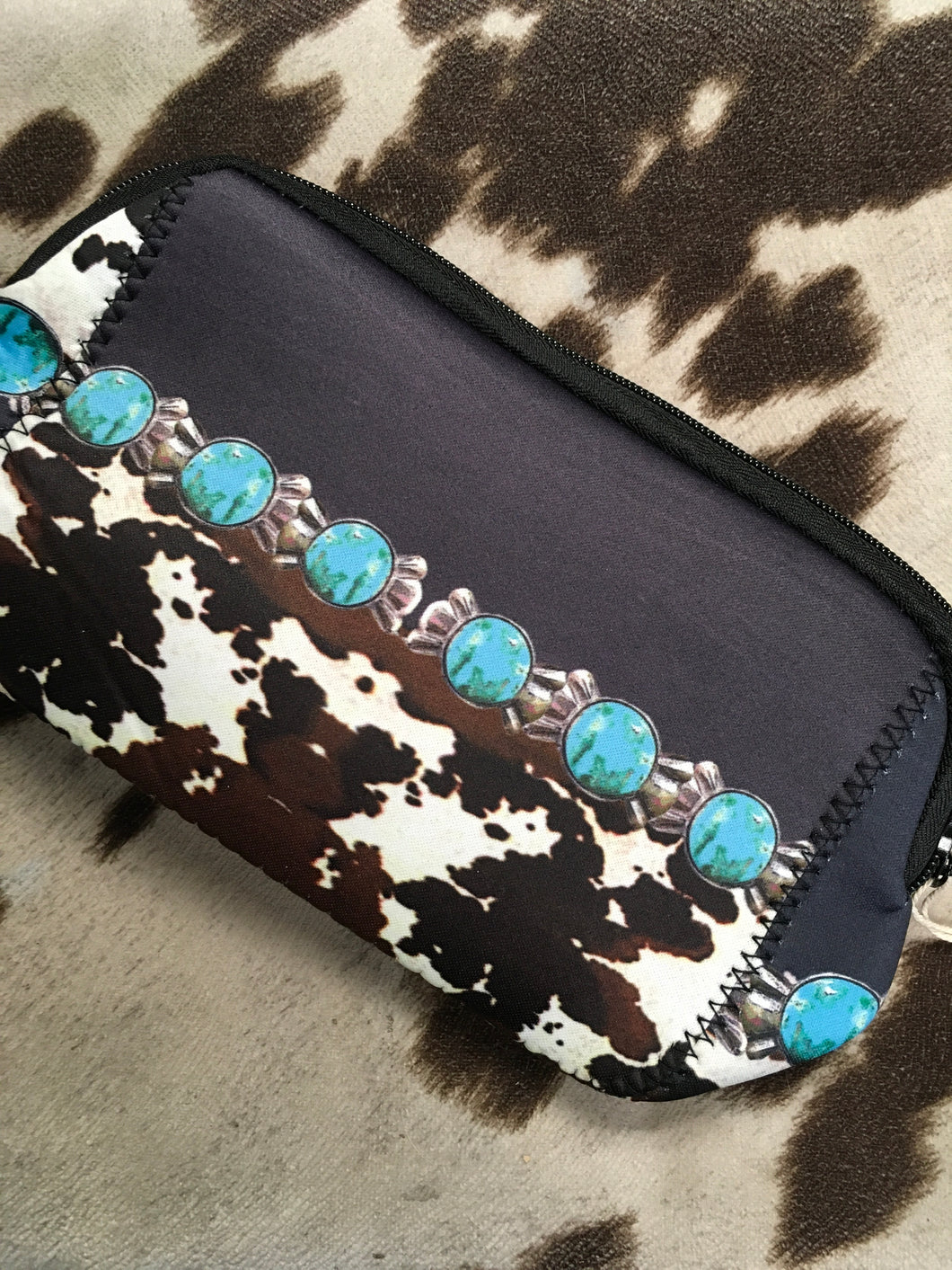 Cowprint/ Turquoise Makeup Bag